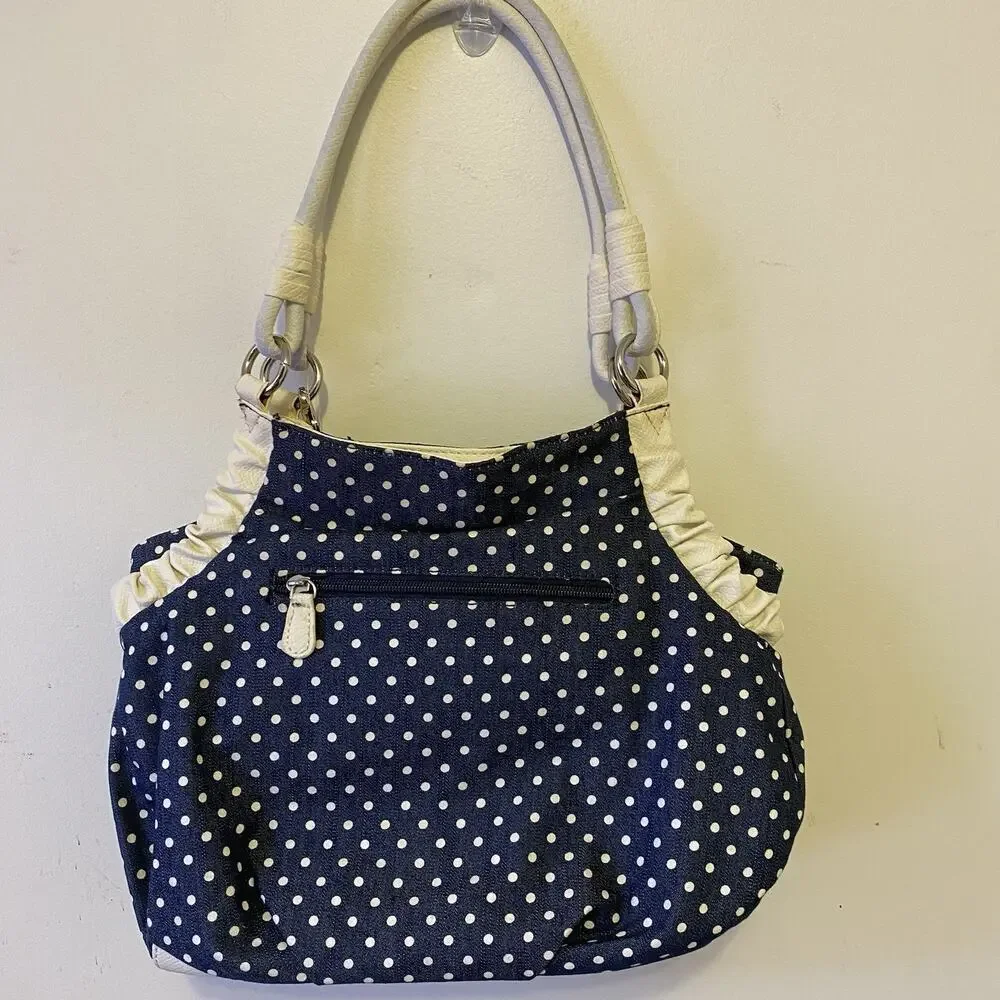 Elle Purse Shoulder Bag Hobo Bohemian NavyBlue Polka Dots White FauxLeather Y2K - Picture 5 of 7